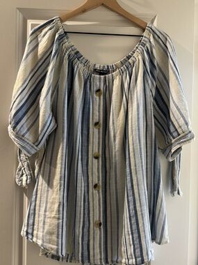 Unique Spectrum Blue & White Striped Off-Shoulder Button Top